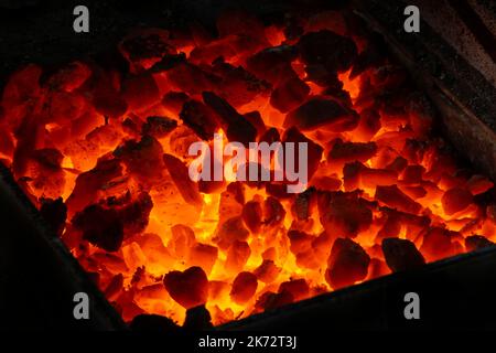 close up of  fireplace with hot coals in forge Stock Photo