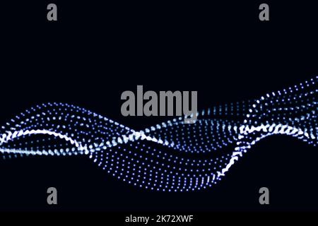Wave of dynamic particles flows through the darkness. Dotted curves vector abstract background. A beautiful 3D undulating array of shining mixed dots. Stock Vector