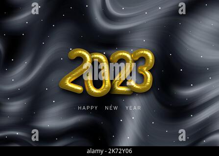 Happy New Year 2023. Festive vector illustration of gold numbers 2023 against a wavy liquid background. Festive poster or banner design. Stock Vector