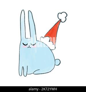 Cute watercolor hand drawn Christmas blue bunny wearing a party hat. Rabbit with New Year's decors. Stock Vector