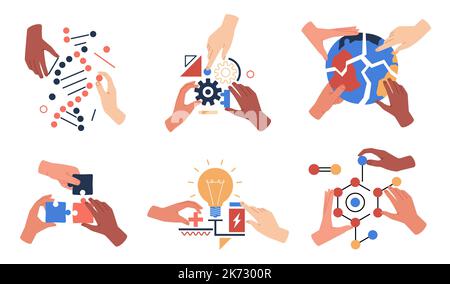 Hands with abstract shapes puzzles. Geometrical shapes, physical, mathematical, biological symbols, human arms, teamwork and partnership concept Stock Vector