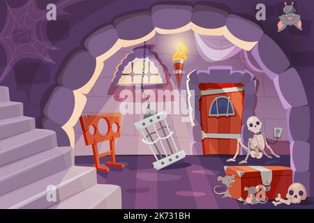Vector cartoon of castle dungeon with medieval prison cell for prisoners. Interior ancient room with skeleton, pillory, iron shackles on stone walls,, cage and wooden chest and door. Stock Vector