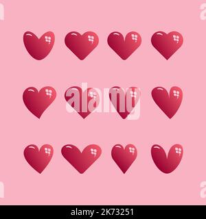 Cute red doodle hearts for Valentine's day. Romantic red hearts of different shapes isolated on pink Stock Vector