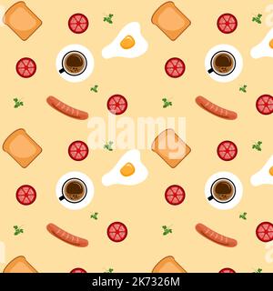 Seamless pattern with eggs and fried sausages, tomato, toast, and a cup of coffee. Breakfast wallpaper on yellow background. Paper cut out vector Stock Vector