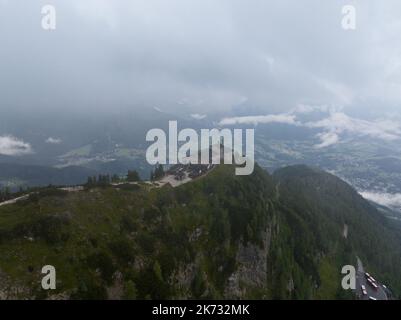 Eagles nest Kehlsteinhaus world war 2 history. Former mountain house of Adolf Hitler. Germany alps in Bavaria europe. Panoramic Alp view aerial Stock Photo