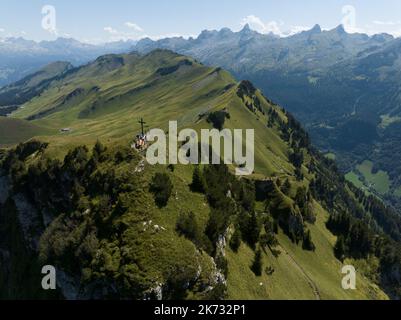 Stoos Fronalpstock hike landscape lookout point above Brunnen in Central Switzerland. Near Lucerne beautifull Swiss mountain overview. Aerial drone Stock Photo