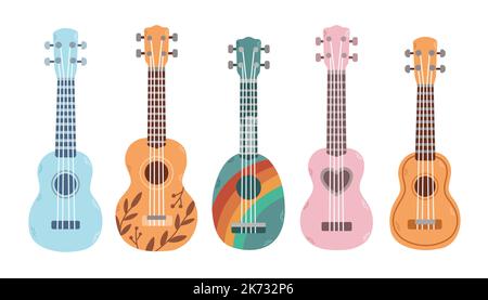 Set of ukulele in different colors and sizes. Popular music instrument. Stock Vector