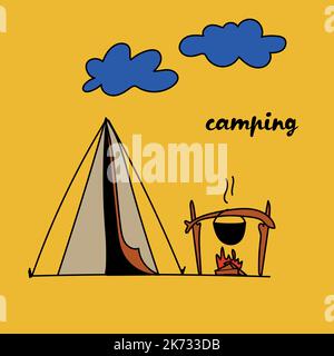cute postcard, camping with tent campfire pot Stock Vector