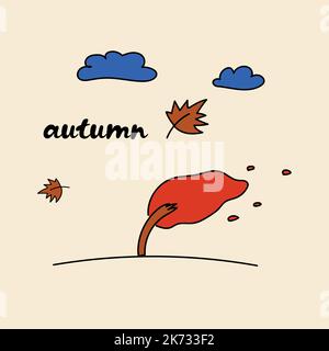 cute tender card, autumn tree wind clouds Stock Vector