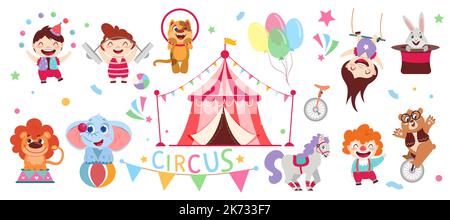 Set of cartoon circus tent, happy artists, funny performers animals and decoration in amusement park. Flat juggler, clown, gymnast and strongman. Elephant , bear, lion, rabbit and pony show carnival. Stock Vector