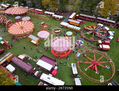 An aerial view of Carters Steam Fair in Prospect Park in Reading. The Carters Steam Fair is a traditional English travelling funfair with rides dating from the 1890s to the 1960's. Began in 1977 by John and Anna Carter, the fair is now on the final leg of it's final tour after traveling the UK for the last 45 years, and is up for sale with the hope of finding a permanent site with a new owner. Picture date: Sunday October 16, 2022. Stock Photo