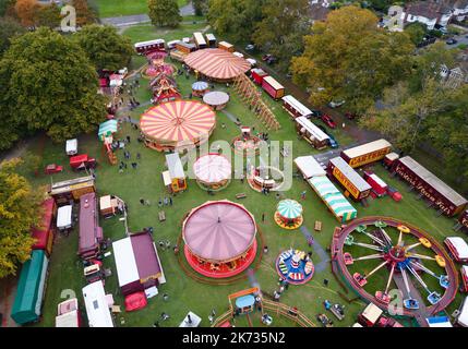 An aerial view of Carters Steam Fair in Prospect Park in Reading. The Carters Steam Fair is a traditional English travelling funfair with rides dating from the 1890s to the 1960's. Began in 1977 by John and Anna Carter, the fair is now on the final leg of it's final tour after traveling the UK for the last 45 years, and is up for sale with the hope of finding a permanent site with a new owner. Picture date: Sunday October 16, 2022. Stock Photo