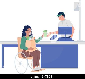 Disabled lady at supermarket semi flat color vector characters Stock Vector