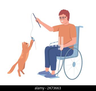 Disabled man playing with his cat semi flat color vector characters Stock Vector