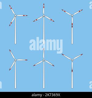Set of color illustrations with a wind turbine, windmill. Isolated vector objects. Stock Vector