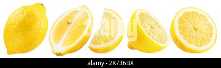 Set of ripe lemon fruits and lemon slices on white background. File contains clipping paths. Stock Photo