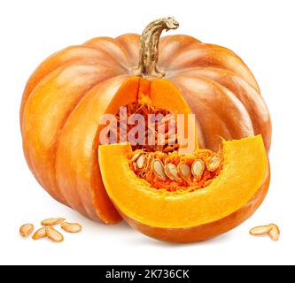Orange round pumpkin and pumpkin slice and seeds isolated on white background. Stock Photo
