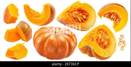 Orange round pumpkins and pumpkin slices and seeds isolated on white background. File contains clipping paths. Stock Photo