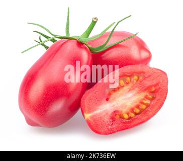 Pink tomatoes (plums) with tomato slice isolated on white background. Stock Photo