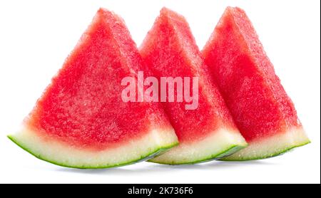 Three slices of watermelon without watermelon seeds isolated on white background. Stock Photo