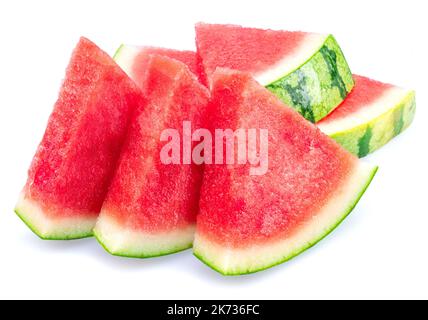 Three slices of watermelon without watermelon seeds isolated on white background. Stock Photo