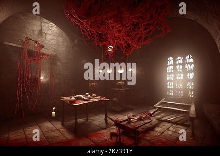 The interior of Dracula castle’s torture room, with tools of torture