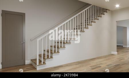 Straight staircase with railings in an empty room. 3d render Stock Photo