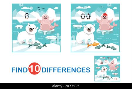 Educational game for children. Find differences. Cute arctic animals in winter Stock Vector