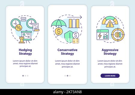 Types of working capital strategies onboarding mobile app screen Stock Vector