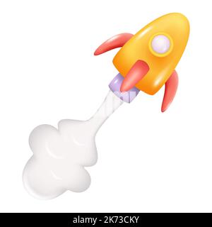 3D Space Rocket Launch Isolated on White Background. Yellow Spaceship with White Smoke from Turbines. Startup Business Concept Vector Illustration Stock Vector