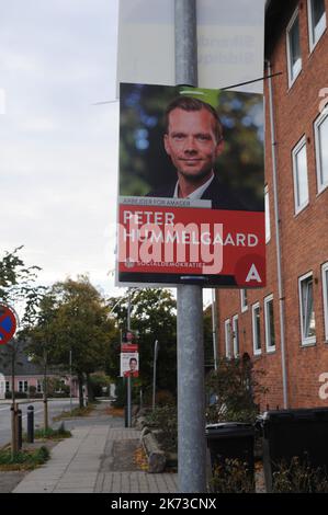 Copenahgen /Denmark/17 OIctober 2022/ Parliamentary elections campaign playcard of danish minister for labour Peter Hummelgaard and member of danish social demorat political party. (Photo. Francis Joseph Dean/Dean Pictures. Stock Photo