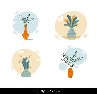 House plants in pots. Collection of cute Flowers and plants in vases.  Hand drawn vector illustration. Trendy home plants in flat style. Stock Vector