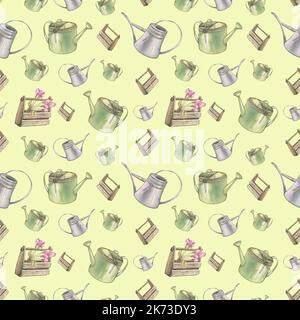 Garden watering cans and wooden boxes with apple blossom buds. Watercolor illustration. Seamless pattern from the APPLE TREE set. For fabric, textiles Stock Photo