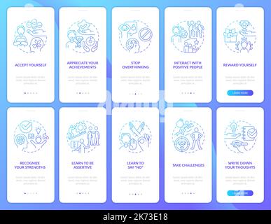 Overcoming lack of confidence blue gradient onboarding mobile app screen set Stock Vector