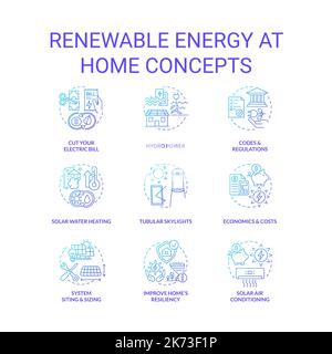 Renewable energy at home blue gradient concept icons set Stock Vector