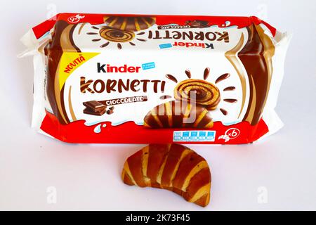 Kinder KORNETTI Croissants with Chocolate. Kinder is a brand of food products made in Italy by Ferrero Stock Photo