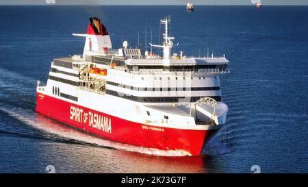 Melbourne, VIC, Australia - 9th Apr 2022 - Spirit of Tasmania sailing on the ocean at Port Melbourne. Stock Photo