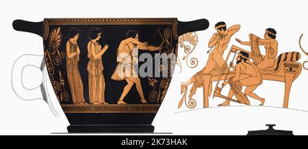 Odysseus kills the suitors of his wife Penelope when he returns to Ithaca from his travels.  The scene  is recorded on a skyphos, or drinking bowl, dating from the 5th century BC.  The scene on the right is on the opposite side of the bowl.  The incident is central to Homer's famous poem The Odyssey.  After a print dating from 1883. Stock Photo