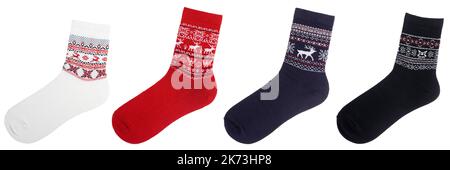 Collection of socks with deer and snowflake geometric ornament isolated on a white background Stock Photo