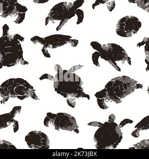 Lot of turtles of different species in linocut retro style, vintage silhouettes of turtles, seamless pattern on white Stock Vector