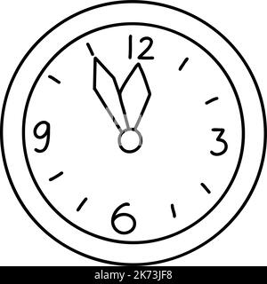 Doodle Christmas or New year clock shows five minutes to twelve. Cartoon element, vector sketch illustration, black outline art for web design, icon, Stock Vector