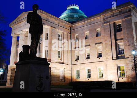 A sculpture of Ensign Worth Bagley, a Navy hero from the Spanish American War, stands in front of the North Carolina State Capitol, in Raleigh Stock Photo