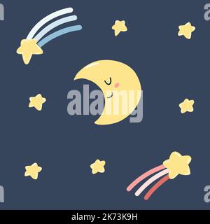 Cute hand drawn kawaii moon and falling stars in cartoon flat style. Vector illustration of kids icons with happy face for poster, fabric print, card, Stock Vector