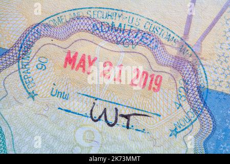 Department of Homeland Security US Customs and Border Protection Admitted VCV Vancouver, BC Canada - stamp in British passport May 21 2019 Stock Photo