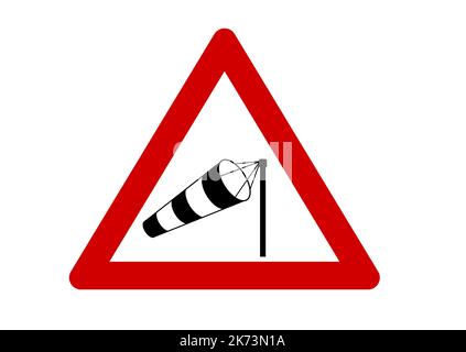 Crosswind road sign - windsock in red triangle vector illustration. Stock Vector