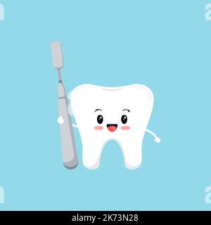 Cute tooth with dental elevator Molt tool icon isolated on blue background. Stock Vector