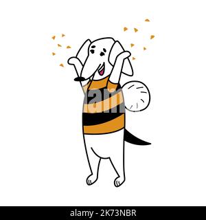 Funny cartoon comic dachshund. Pet in bee costume. White dog stands on its hind legs and throws confetti into the air. Cool print for children's clothes, accessories. Character for stickers, animation Stock Vector