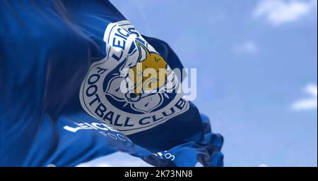 Leicester, UK, October 2022: Close-up view of the Leicester City Football Club flag waving in the wind. Leicester City FC is an English football club Stock Photo