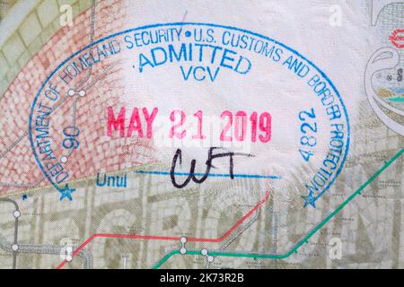 Department of Homeland Security US Customs and Border Protection Admitted VCV Vancouver, BC Canada - stamp in British passport May 21 2019 Stock Photo