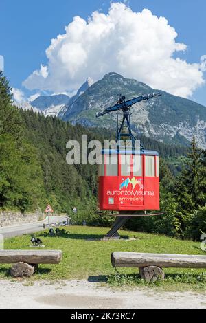 Arrivederci or Goodbye sign on an old cable car in Auronzo di Cadore, Dolomites, Italy Stock Photo